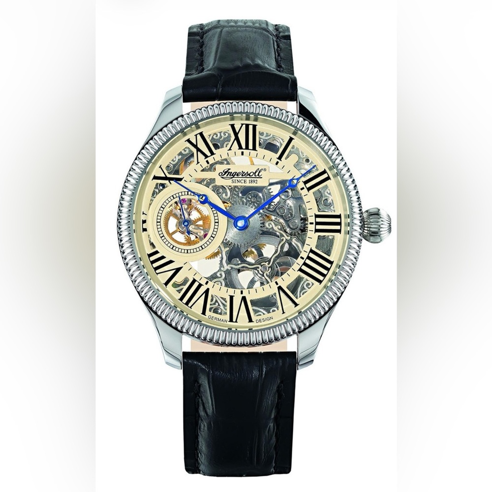 Black Leather Stainless Steel Men’s Skeleton Watch Ingersoll Arizona Manual Wind